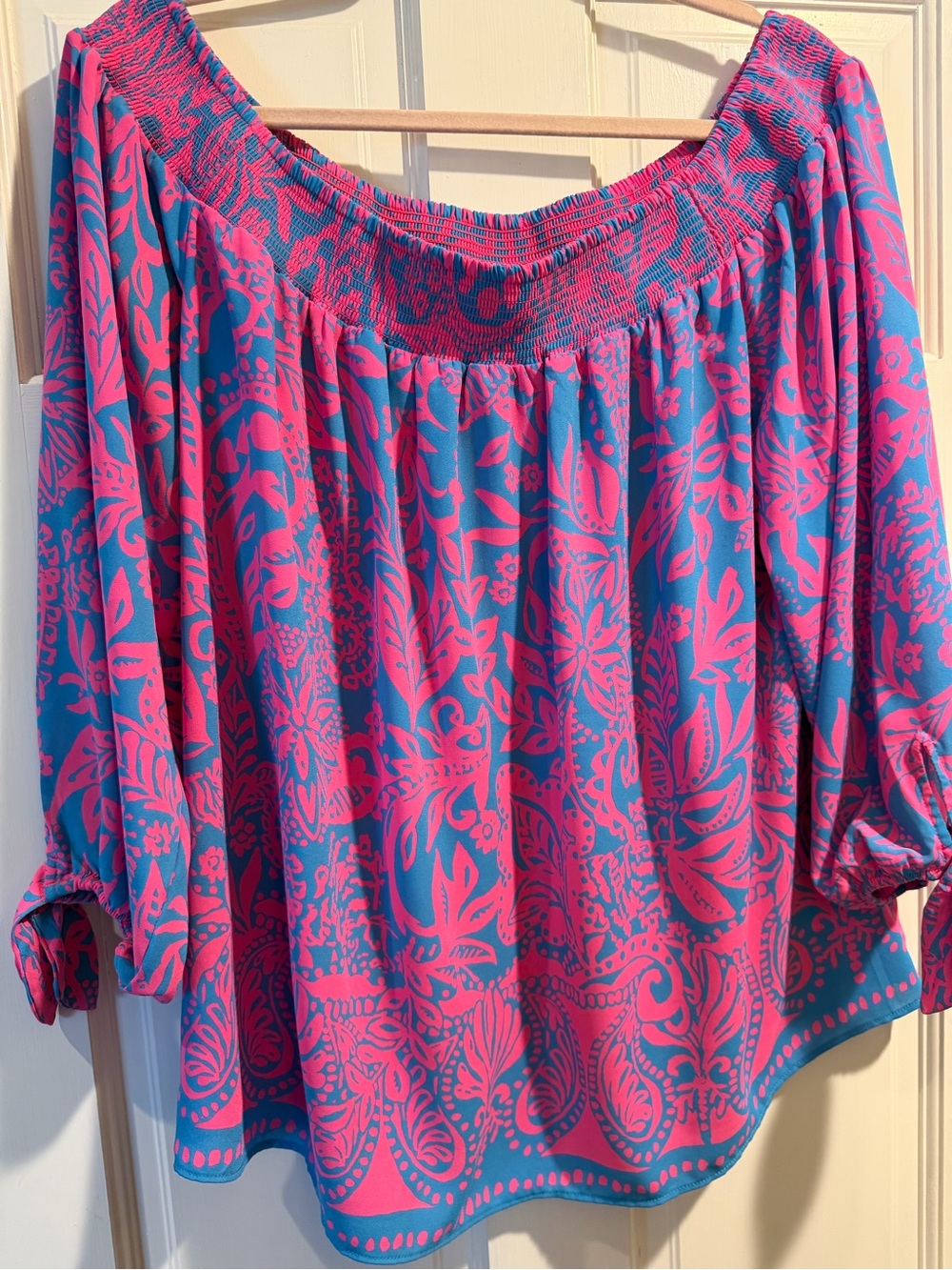 Lilly Pulitzer Pink Floral Off-Shoulder Blouse on Blue